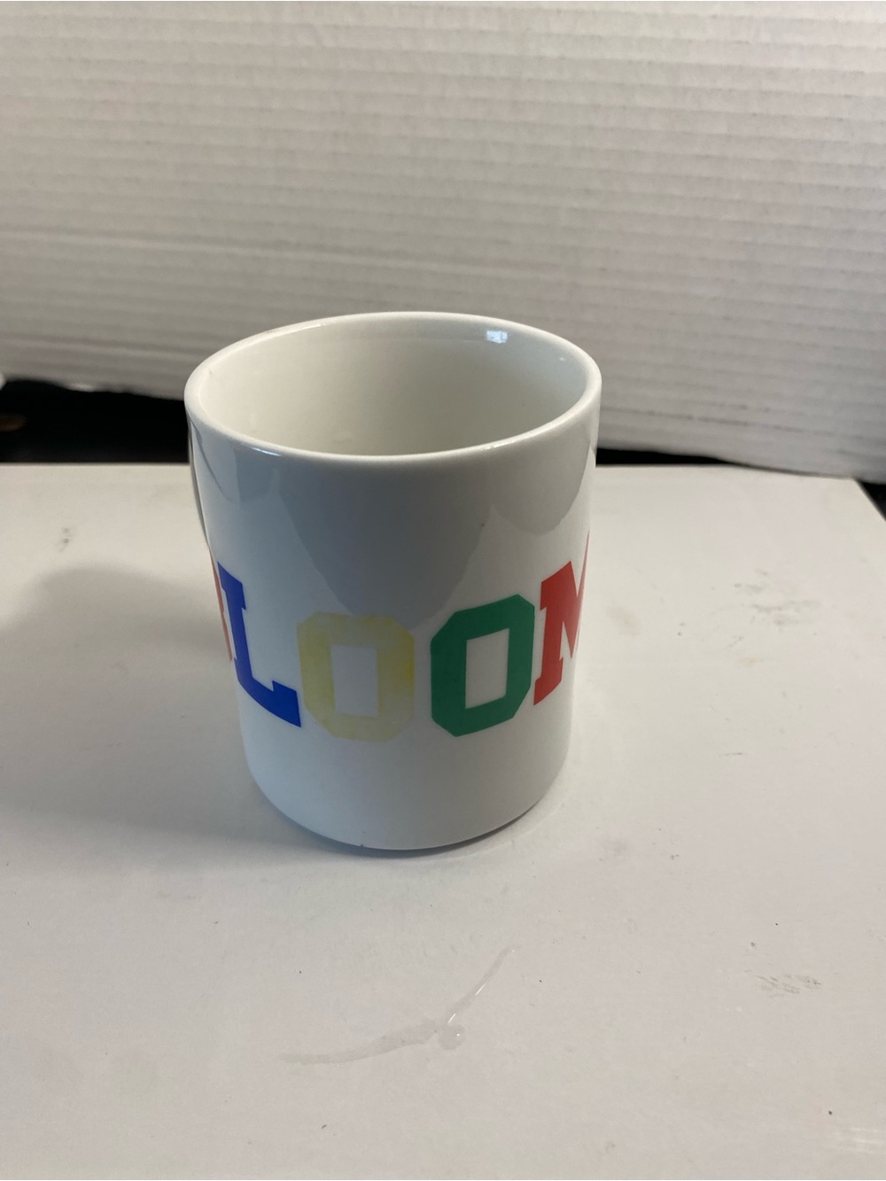 Bloomies White Ceramic Mug with Multicolor Lettering